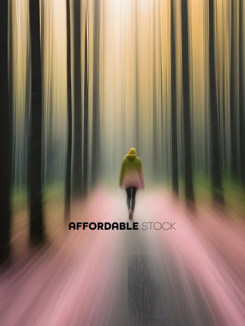 A person in a hooded sweatshirt walks down a path surrounded by trees
