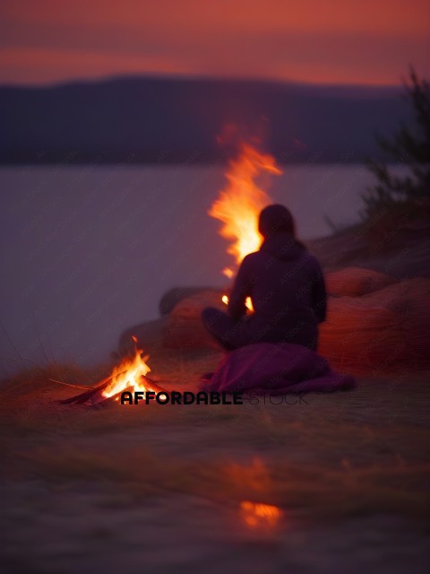 A person sitting on the ground in front of a fire