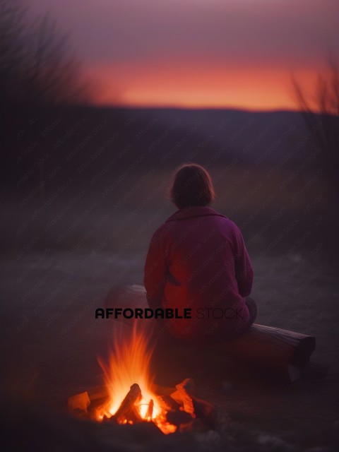 A person sitting in front of a fire with a pink jacket