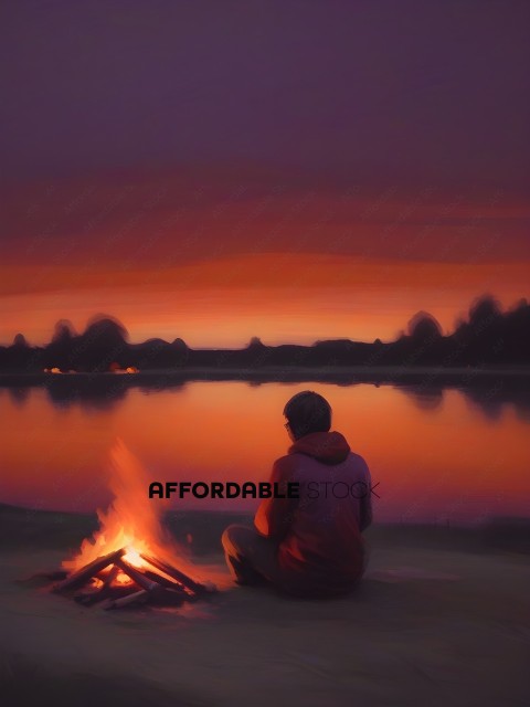 A person sitting by a fire with a lake in the background