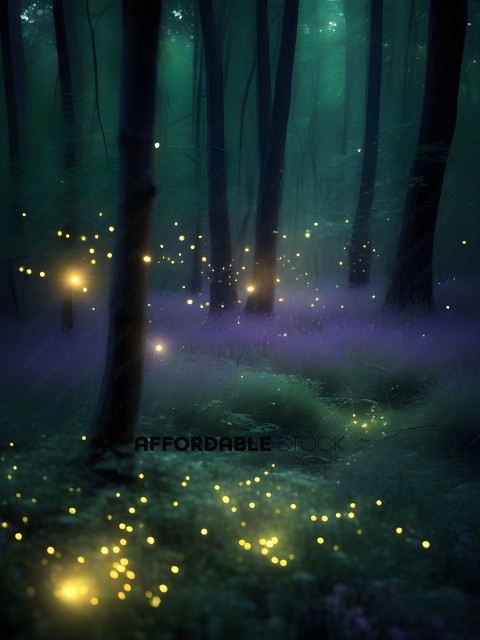 A forest with a path of light and a purple background