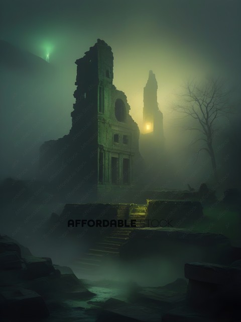 An old, crumbling building with a green glow