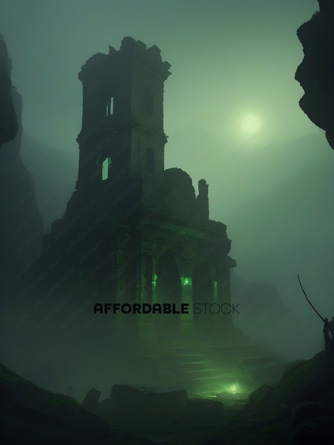 A dark, eerie, and mysterious scene of a large, old building with a green glow