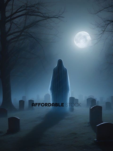 A ghostly figure stands in a graveyard at night