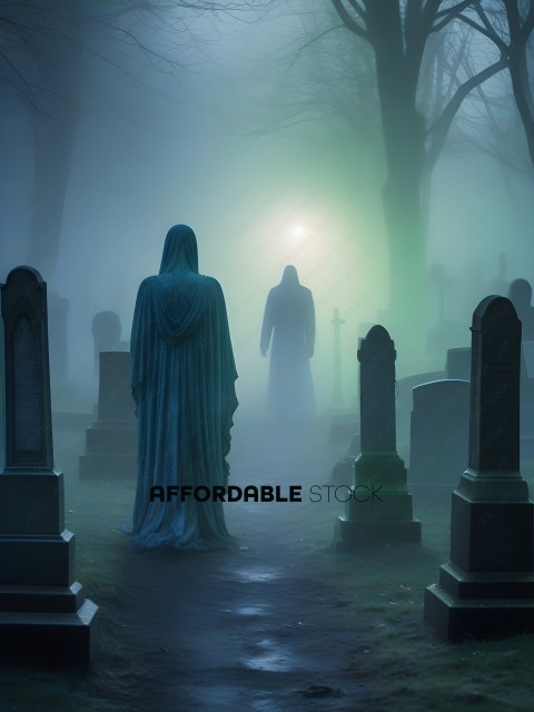A person in a long white robe stands in a graveyard