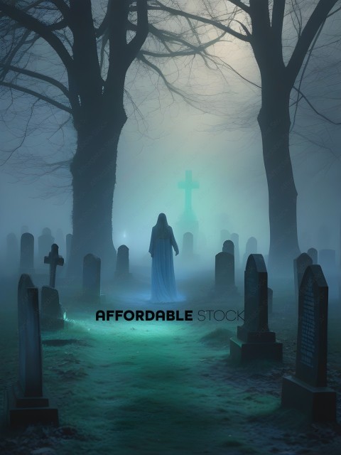 A woman in a long white dress stands in a graveyard at night