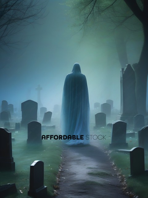 A ghostly figure walks down a path in a graveyard