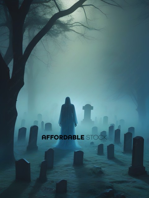 A ghostly figure stands in a graveyard