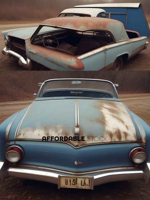 A blue car with a rusted roof and hood