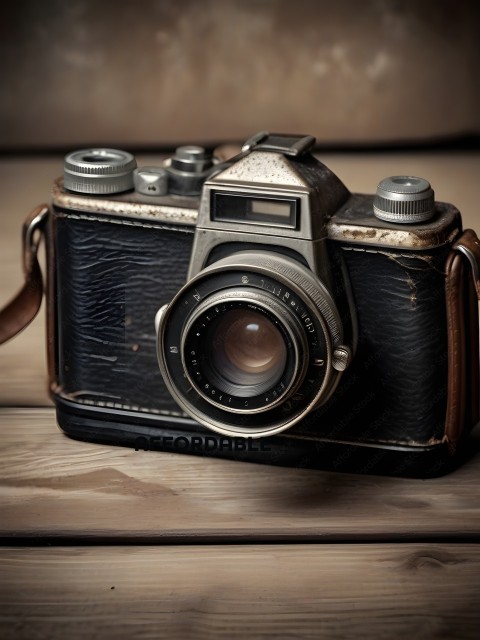 An old fashioned camera with a leather strap