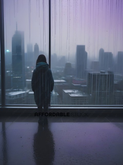 A person standing in front of a window looking out at a city