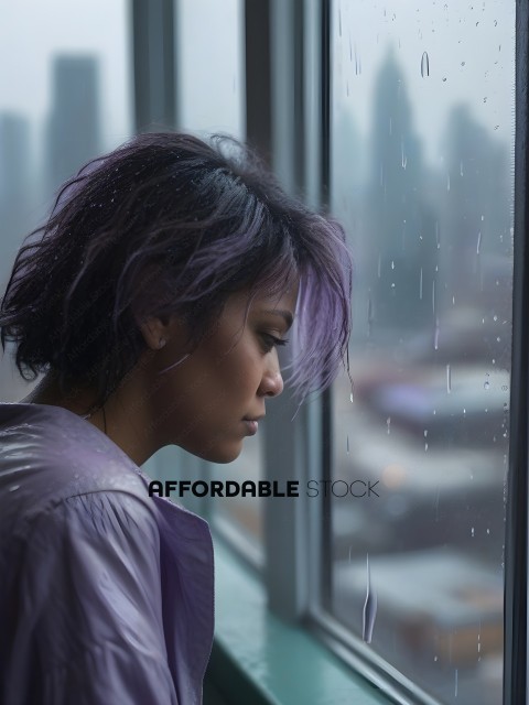 A woman with purple hair and a purple shirt looking out the window