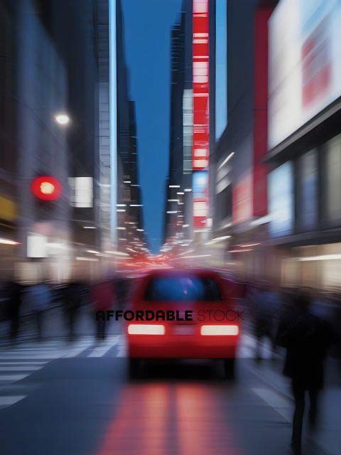 Blurry photo of a red car driving down a busy street