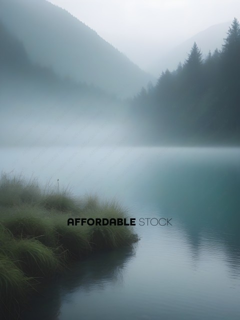 A foggy mountain lake with a small island