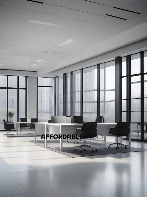 A large office space with a white desk and black chairs