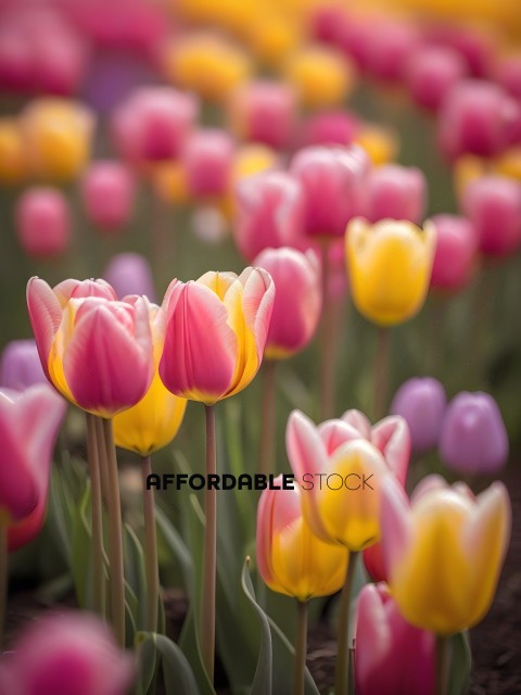 Yellow and Pink Tulips in a Garden