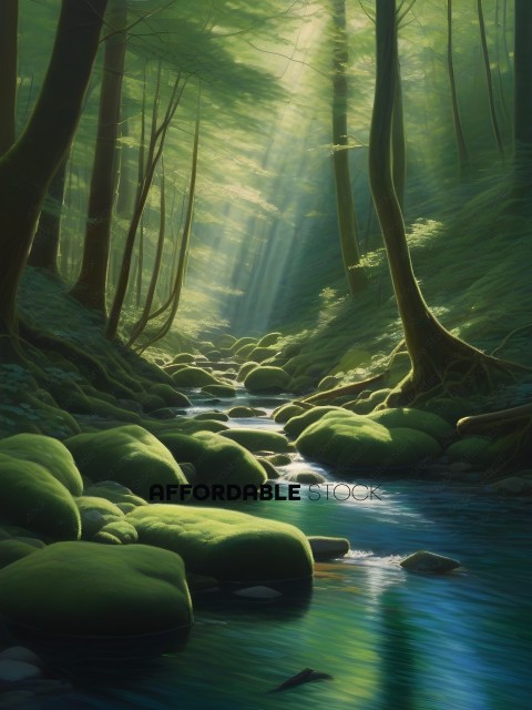 A forest stream with mossy rocks and trees