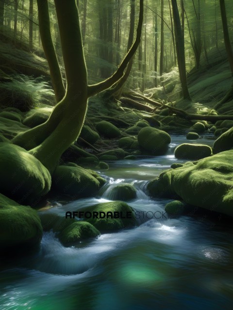 A river with mossy rocks and a tree