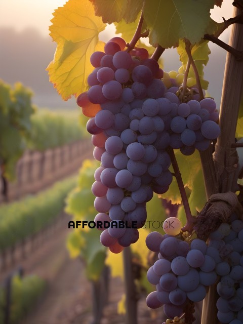 A bunch of purple grapes hanging from a vine