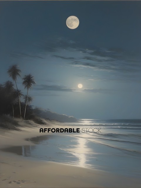A painting of a beach at night with a full moon and palm trees