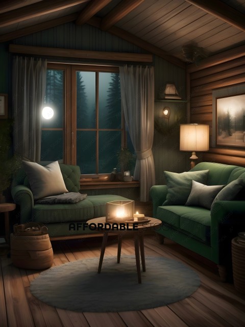 A cozy living room with a green couch and a table with a candle