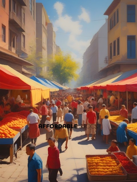 Marketplace with many people and fruit stands