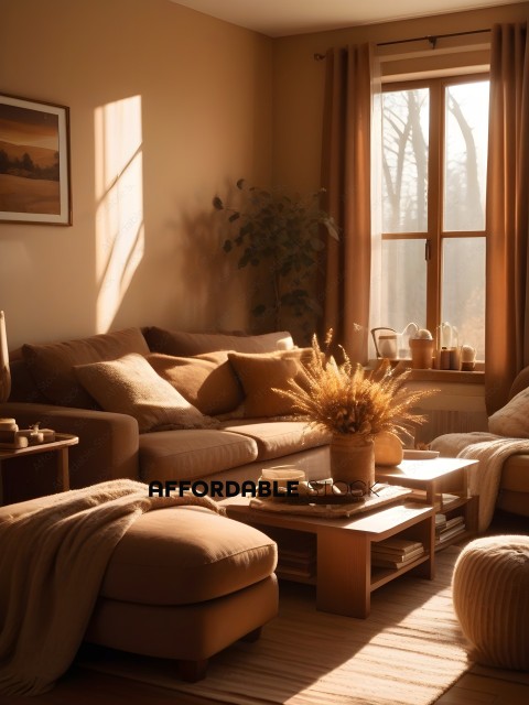 A cozy living room with a brown couch and a plant