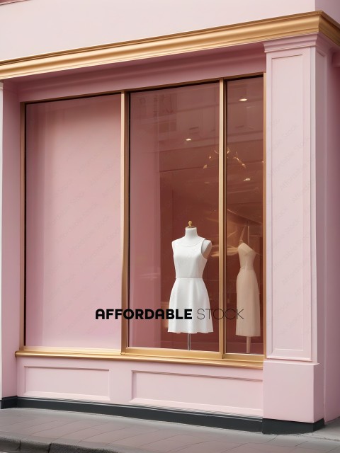 A window display of a white dress and a white dress with a black top