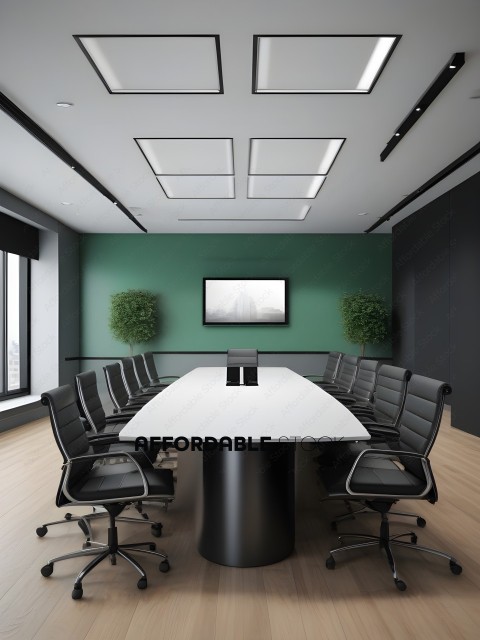 A conference room with a white table and green walls