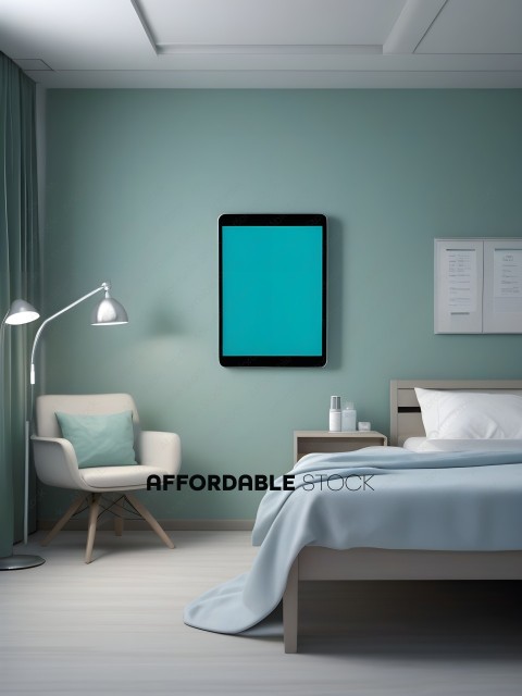 A bedroom with a blue wall and a picture of a screen