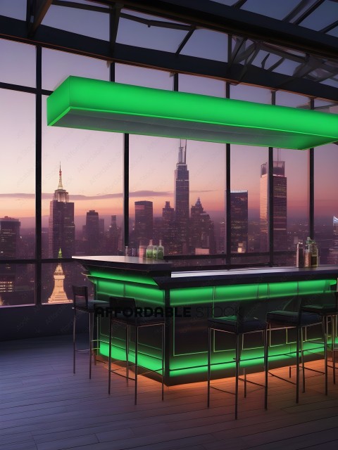 A bar with a cityscape in the background