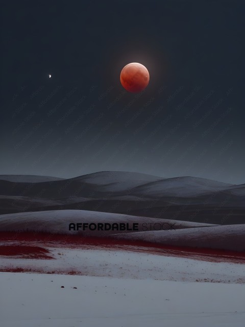 A red moon rises over a snowy landscape