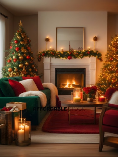 A cozy Christmas scene with a fireplace, lit candles, and a Christmas tree