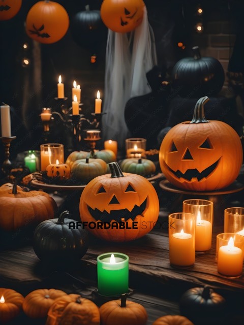 A table with pumpkins and candles