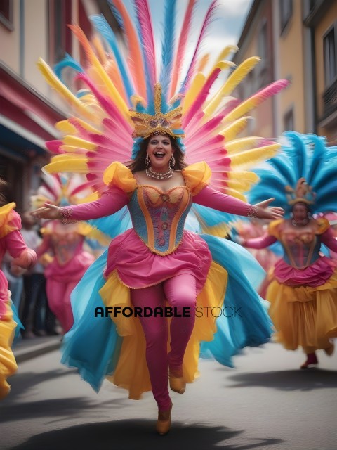 Woman in Pink, Blue, Yellow, and Gold Costume
