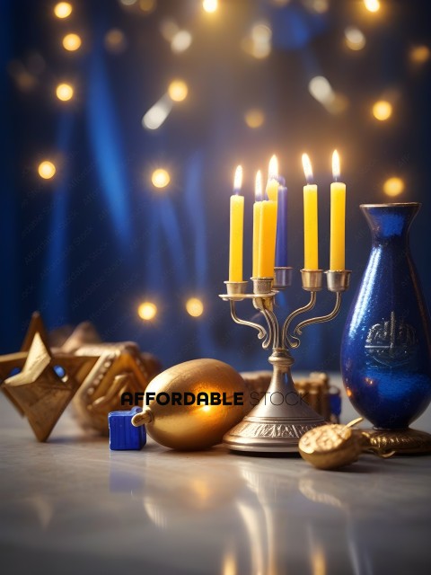 A table with a menorah, star of david, and christmas ornament