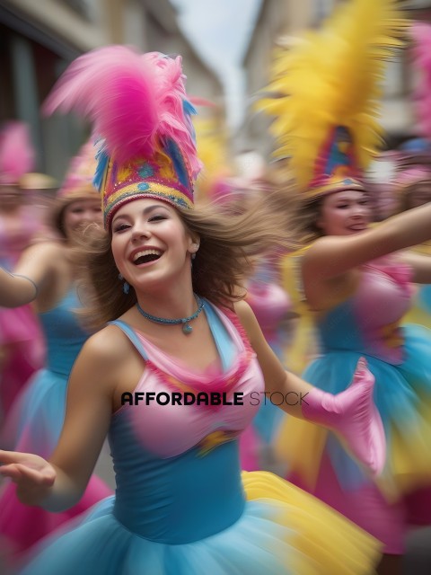 A woman in a colorful costume is smiling