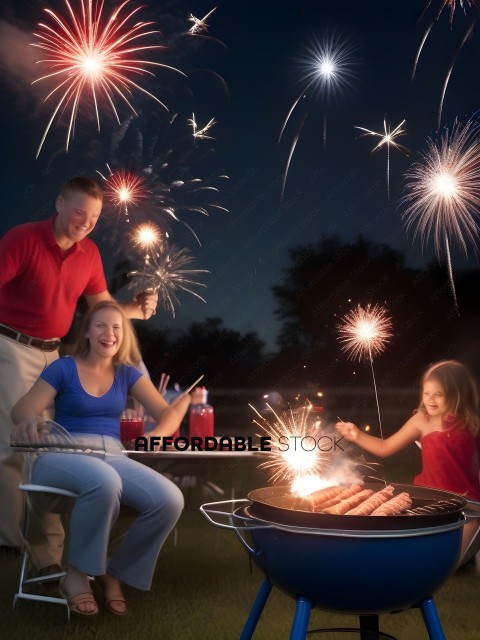 A family of three enjoys a fireworks display