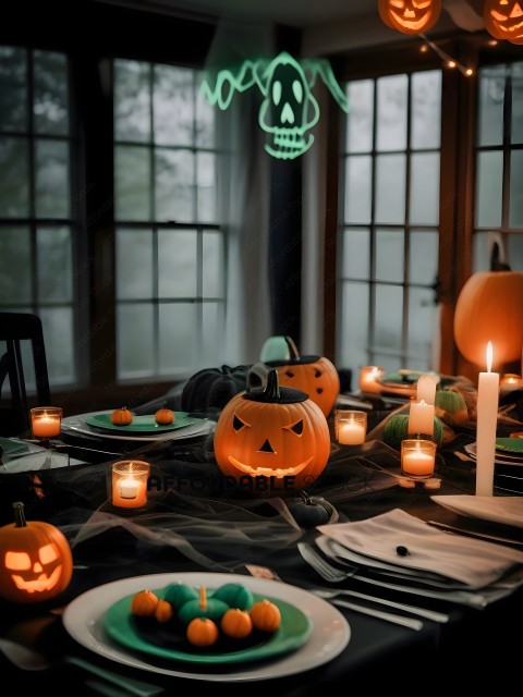 A Halloween table setting with a pumpkin and a skull