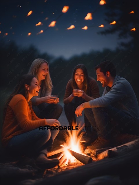 Four friends sitting around a fire, laughing and drinking