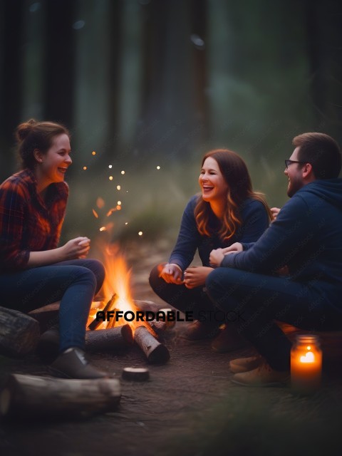 Three friends sitting around a fire, laughing and enjoying each others company
