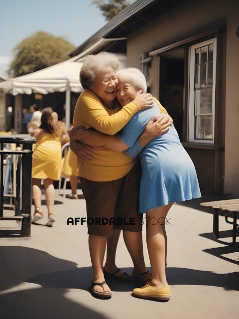 Two women in yellow and blue hug each other