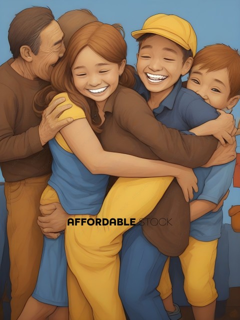 A family of four hugging each other