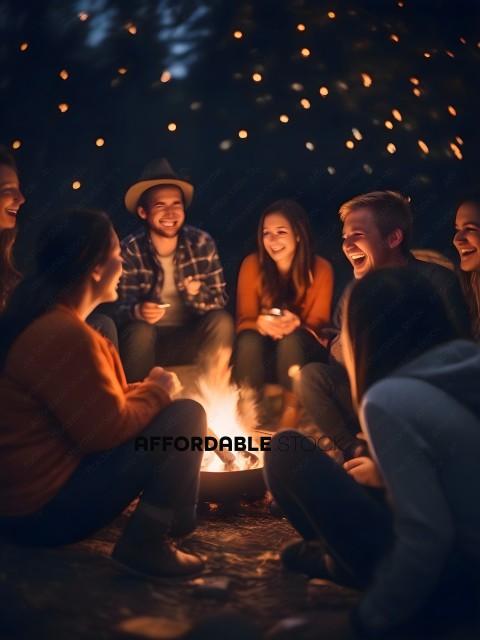 A group of people sitting around a fire pit laughing and smiling