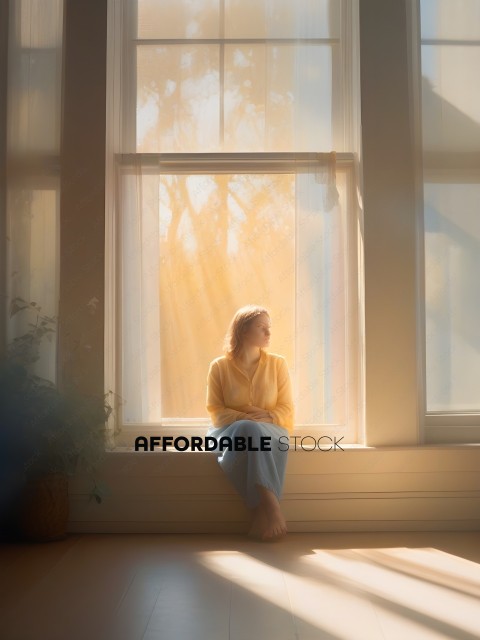 A woman in a yellow shirt sitting on a window sill
