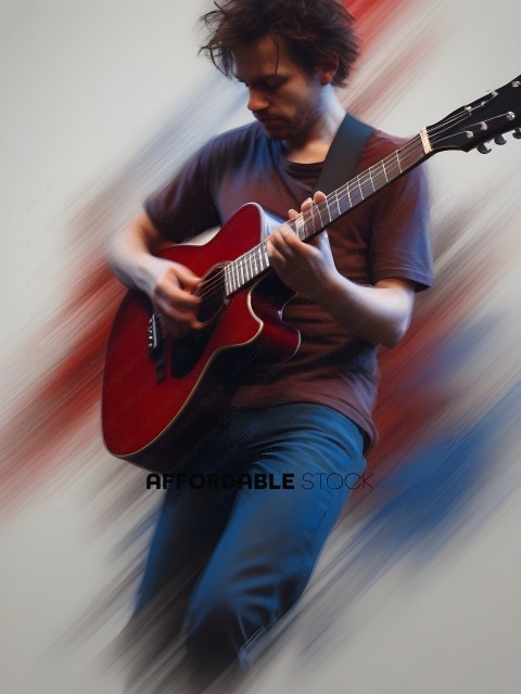 A man playing a red guitar