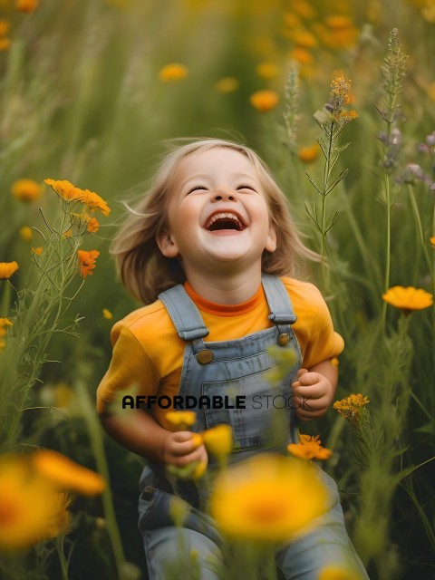 Little boy laughing in a field of flowers