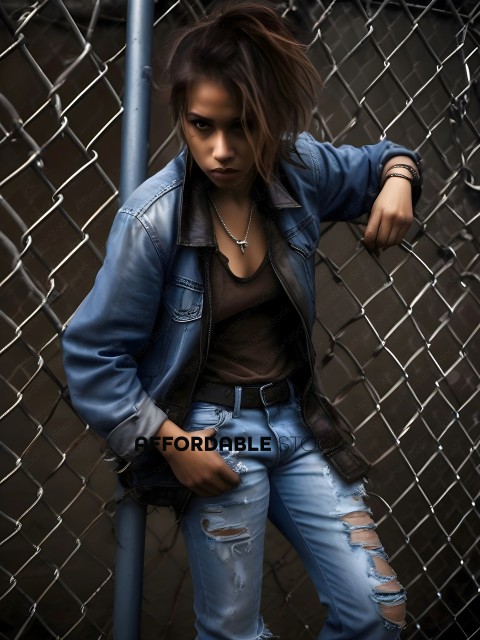 A young woman wearing a denim jacket and jeans