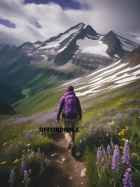 A man in a purple jacket is walking on a trail in the mountains