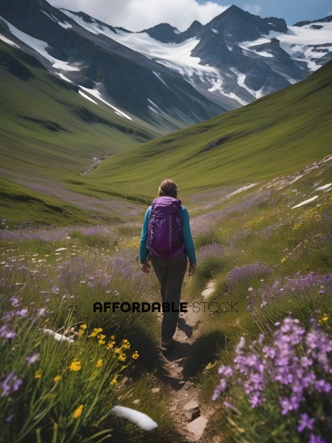 A woman in a purple backpack walks through a field of flowers